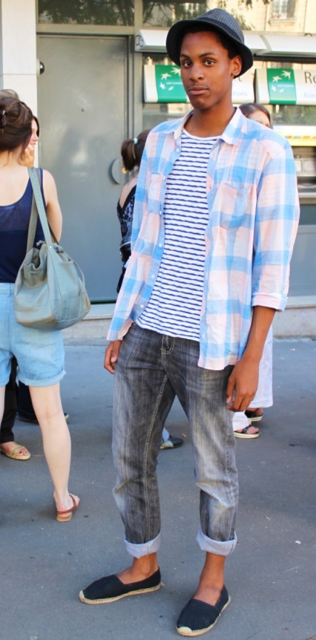 streetstyle homme espadrilles, chemise, pantalon